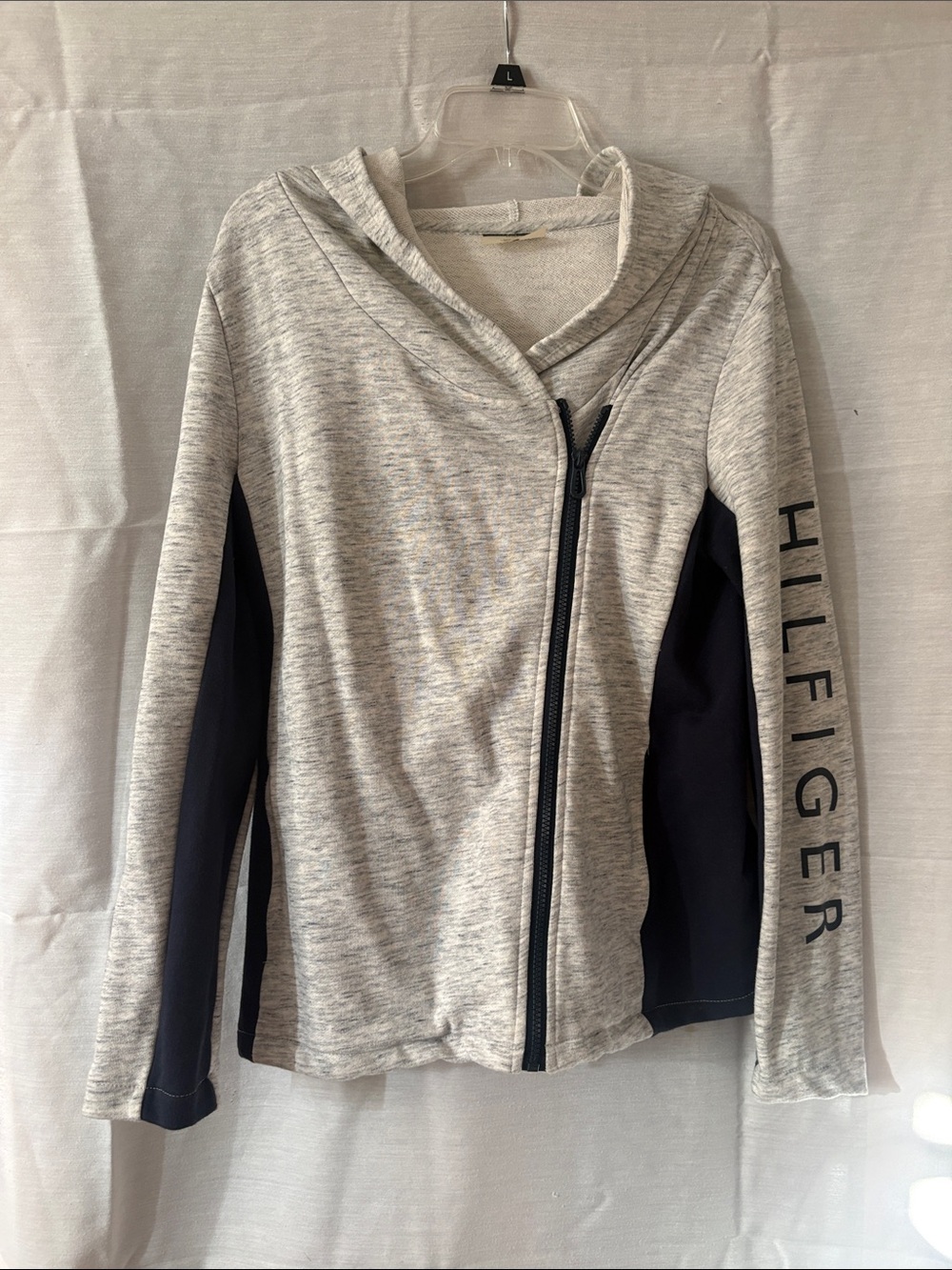 Tommy Hilfiger Gray and Navy Hooded Asymmetrical Zip Sweatshirt material